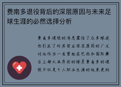 费南多退役背后的深层原因与未来足球生涯的必然选择分析