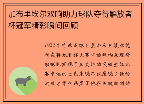 加布里埃尔双响助力球队夺得解放者杯冠军精彩瞬间回顾 加布里埃尔双响助力球队夺得解放者杯冠军精彩瞬间回顾