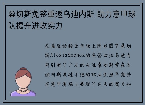 桑切斯免签重返乌迪内斯 助力意甲球队提升进攻实力